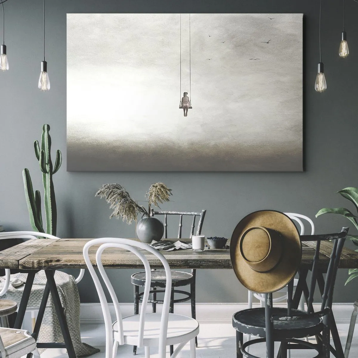 Obraz na plátně - Postava na houpačce zavěšená v prostoru - 70x50cm - Dítě v nás - Moderní nástěnná dekorace do obývacího pokoje a ložnice ARTTOR