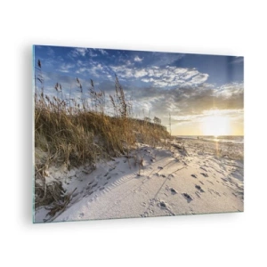 Obraz na skle - Písečná pláž při západu slunce s trávou u duny - 70x50cm - Pozvánka na procházku - Moderní nástěnná dekorace do obývacího pokoje a ložnice ARTTOR