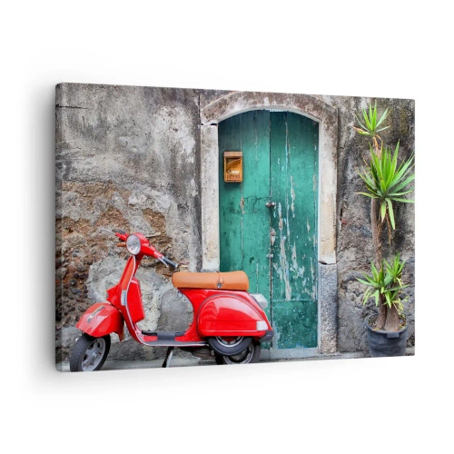 Obraz na plátně - Červený skútr u zelených dveří - 70x50cm - Italské prázdniny - Moderní nástěnná dekorace do obývacího pokoje a ložnice ARTTOR