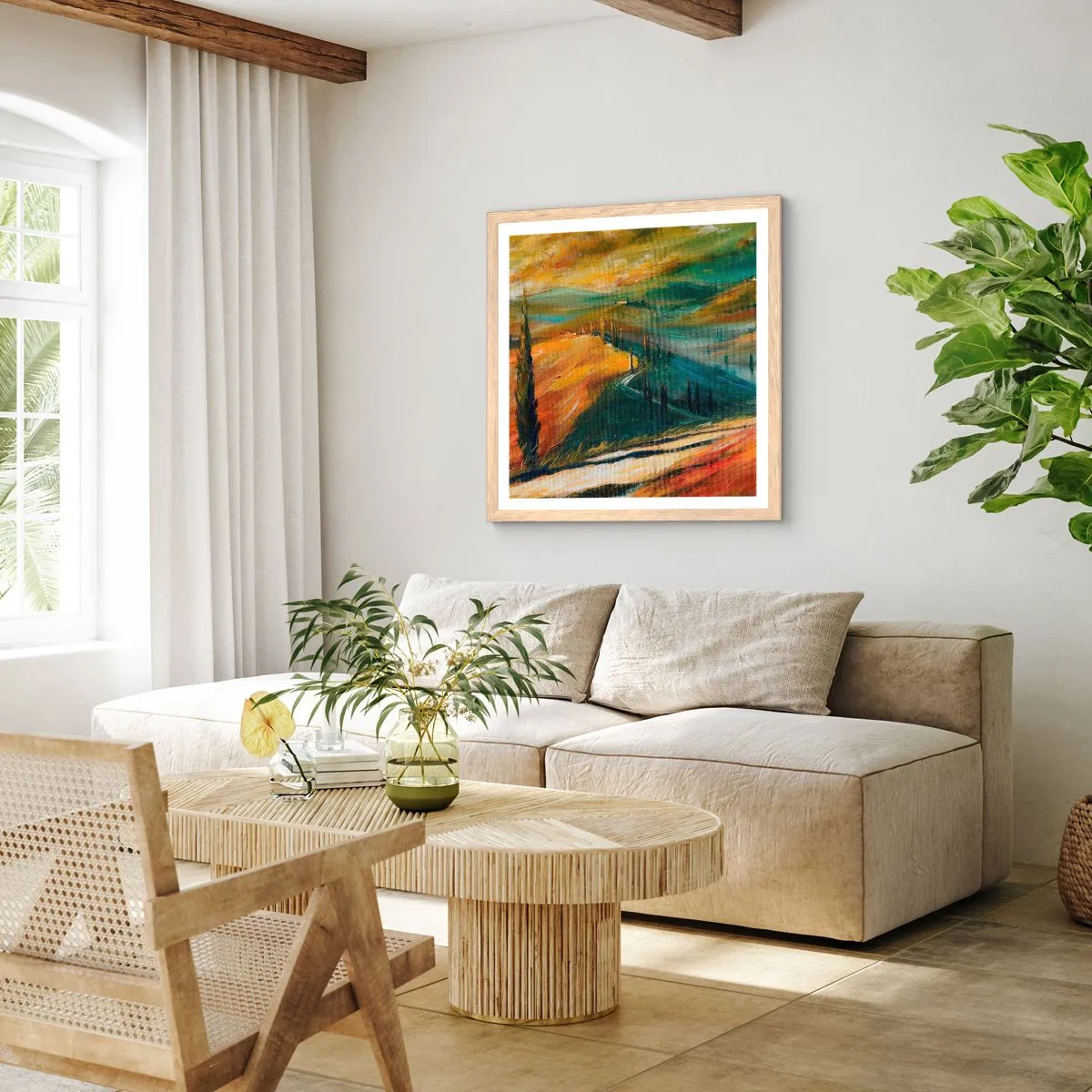 Plakát v rámu světlý dub - Toskánská krajina - 40x40 cm