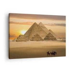 Obraz na plátně - Pyramidy v Egyptě při západu slunce s jezdci na koních - 70x50cm - Beze změn po tisíce let - Moderní nástěnná dekorace do obývacího pokoje a ložnice ARTTOR