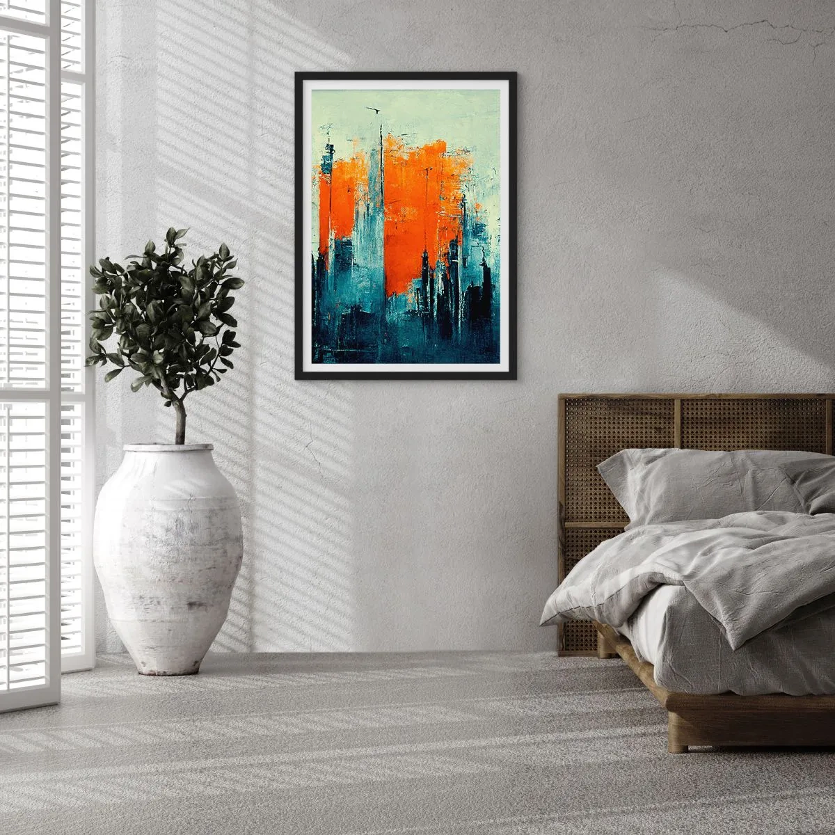 Plakát v černém rámu - Abstraktní panorama města v odstínech oranžové a tmavě modré - 50x70cm - Moderní krajina - Moderní nástěnná dekorace do obývacího pokoje a ložnice ARTTOR
