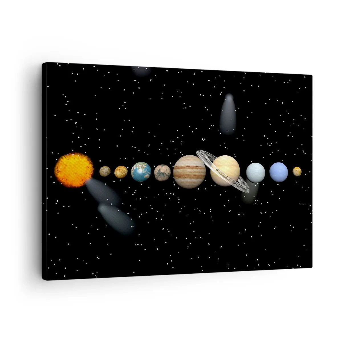 Obraz na plátně - Sluneční soustava s planetami na pozadí hvězd ve vesmíru - 70x50cm - A planety šílejí, šílejí… - Moderní nástěnná dekorace do obývacího pokoje a ložnice ARTTOR