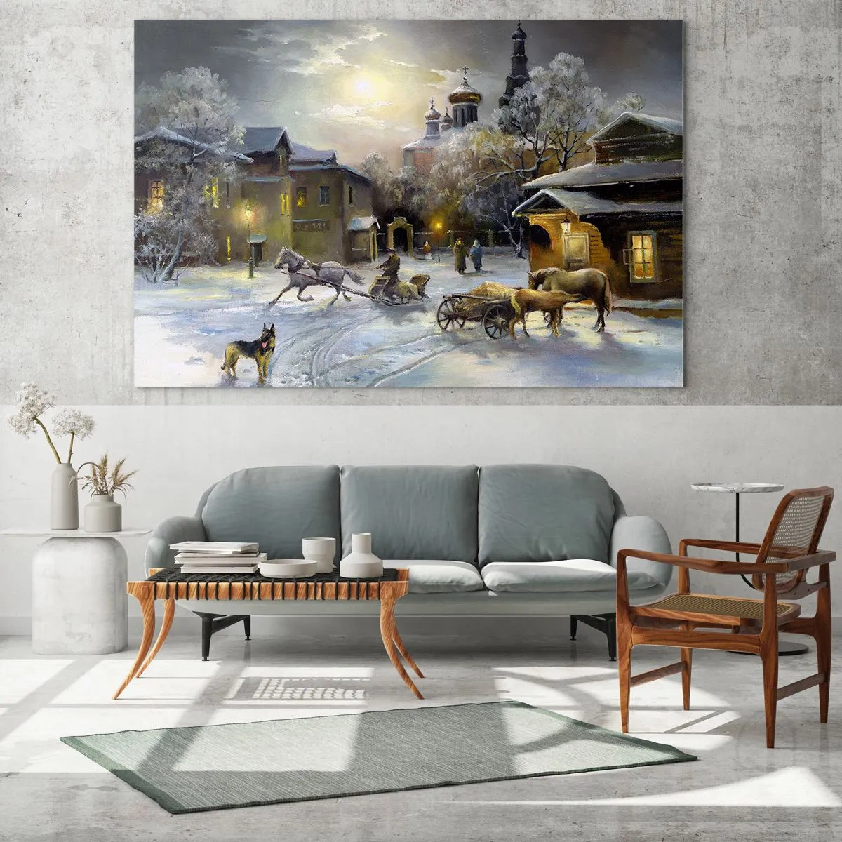 Obraz na skle - Zimní krajina města ozářeného měsíčním světlem - 70x50cm - Kouzlo ruské zimy - Moderní nástěnná dekorace do obývacího pokoje a ložnice ARTTOR