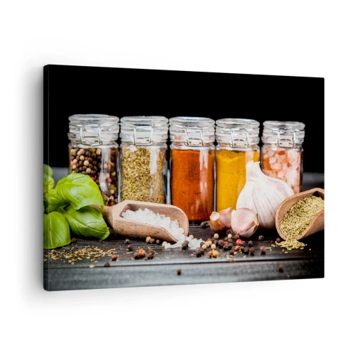 Obraz na plátně - Bylinky a koření ve skleněných nádobách na tmavém pozadí - 70x50cm - Aby měl život chuť - Moderní nástěnná dekorace do obývacího pokoje a ložnice ARTTOR