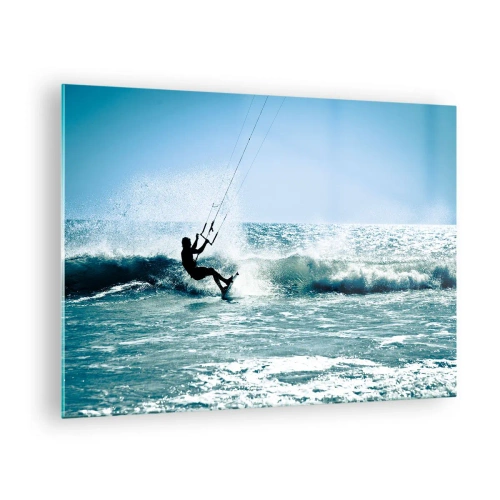 Obraz na skle - Kitesurfer na vlnách oceánu za slunečného dne - 70x50cm - Nechte se unést - Moderní nástěnná dekorace do obývacího pokoje a ložnice ARTTOR