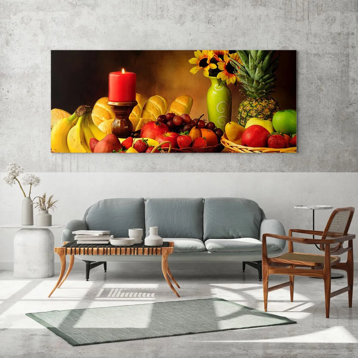 Obraz na skle - Zátiší s pečivem a ovocem - 100x40 cm