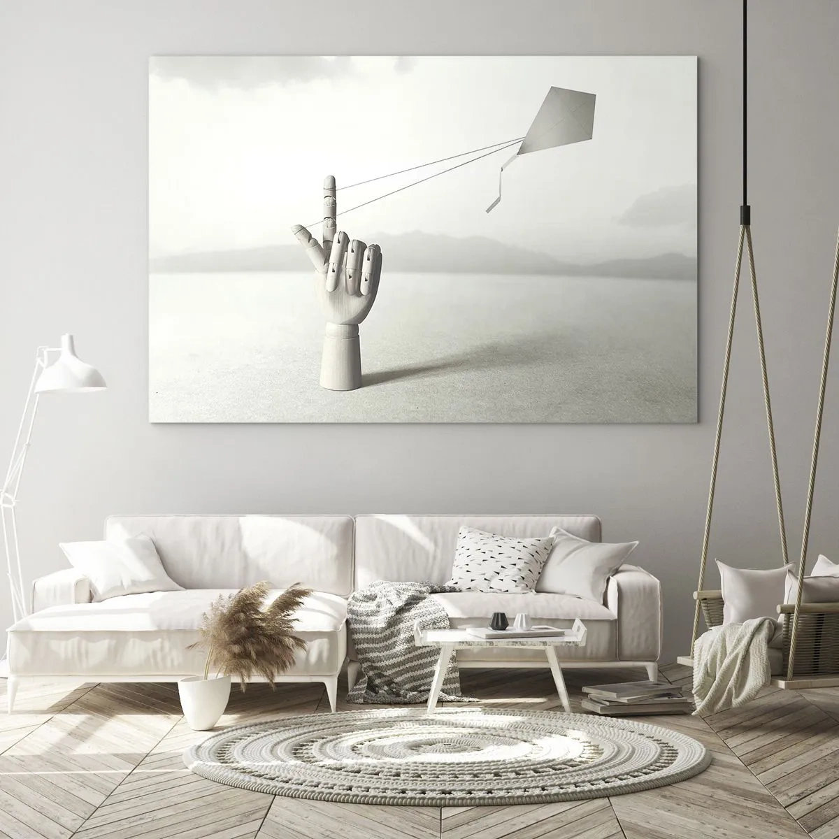 Obraz na skle - Dřevěná ruka držící na prstu plovoucího draka - 70x50cm - Výzva - Moderní nástěnná dekorace do obývacího pokoje a ložnice ARTTOR