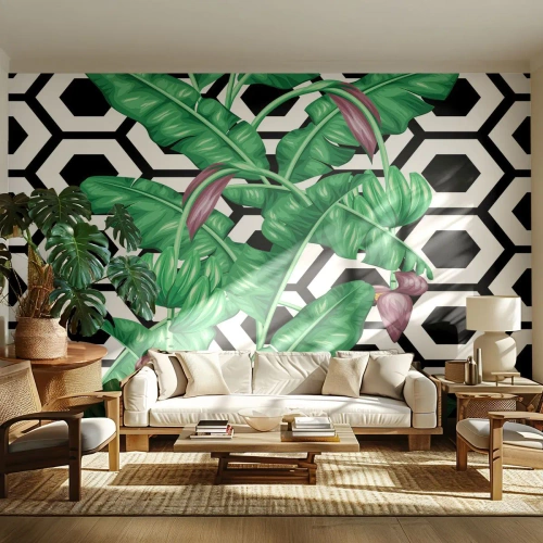 Fototapeta Standard Eco - Exotické banánové listy na geometrickém pozadí - 100x70cm - Symetrická kompozice z přírody - Moderní nástěnná dekorace do obývacího pokoje a ložnice ARTTOR