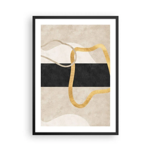 Plakát v černém rámu - Abstraktní kompozice s černým, zlatým a neutrálním pozadím - 50x70cm - Tvary ve smyčce - Moderní nástěnná dekorace do obývacího pokoje a ložnice ARTTOR