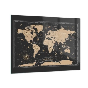 Obraz na skle - Stylizovaná mapa světa v odstínech béžové a černé - 70x50cm - Hranice mého světa - Moderní nástěnná dekorace do obývacího pokoje a ložnice ARTTOR