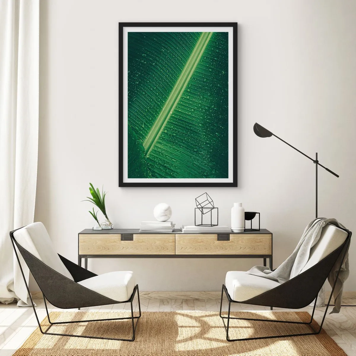 Plakát v černém rámu - Detail zeleného listu s kapkami vody - 50x70cm - Struktura zelené - Moderní nástěnná dekorace do obývacího pokoje a ložnice ARTTOR
