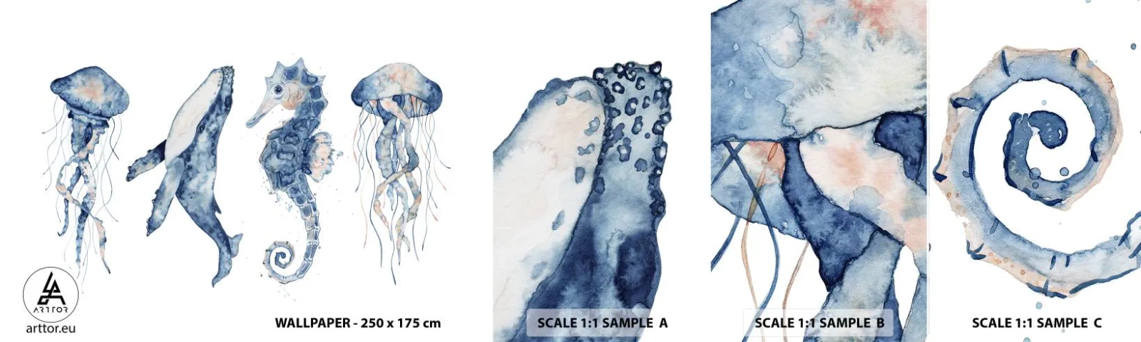 Vzor Fototapety Samolepicí Deluxe Sticker - Mořská divočina - Mořská zvířata, Mořský koník, Medúza - 100x30 cm