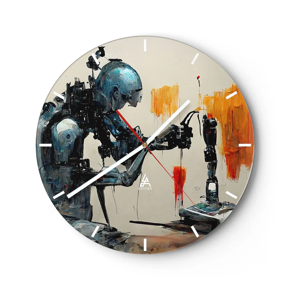 Nástěnné hodiny - Humanoidní robot sestavující umělou končetinu - 30x30cm - Už zítra… - Moderní nástěnná dekorace do obývacího pokoje, kuchyně a ložnice ARTTOR