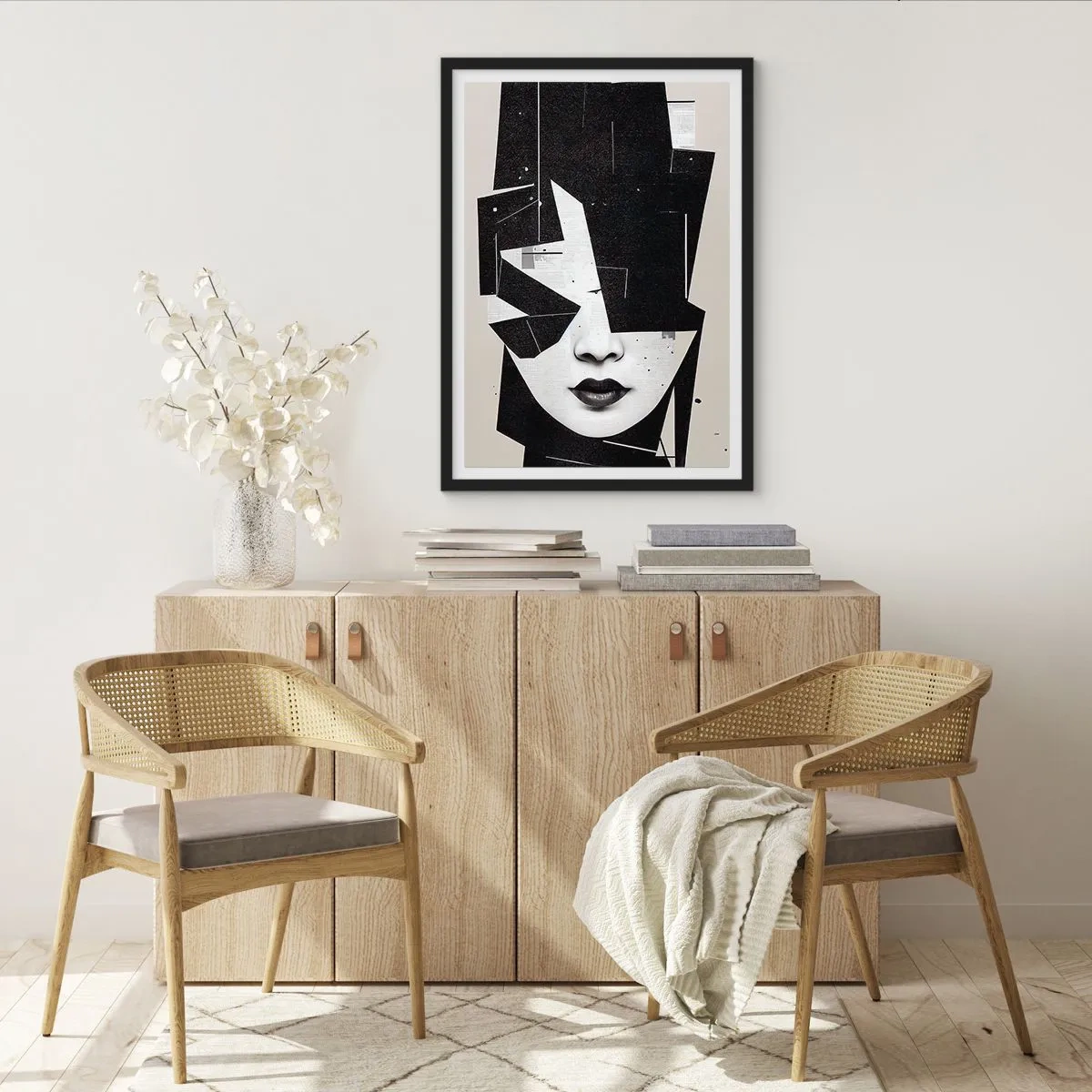 Plakát v černém rámu - Abstraktní portrét ženy v černé a bílé - 50x70cm - Hluboce skryté - Moderní nástěnná dekorace do obývacího pokoje a ložnice ARTTOR