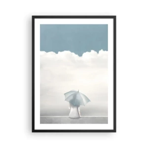 Plakát v černém rámu - Postava s deštníkem sedící na římse mezi mraky - 50x70cm - Na hraně reality a snů - Moderní nástěnná dekorace do obývacího pokoje a ložnice ARTTOR