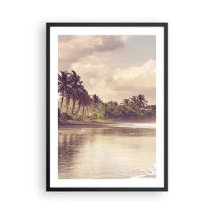 Plakát v černém rámu - Tropická pláž při západu slunce s palmami - 50x70cm - Pohlazení vln - Moderní nástěnná dekorace do obývacího pokoje a ložnice ARTTOR