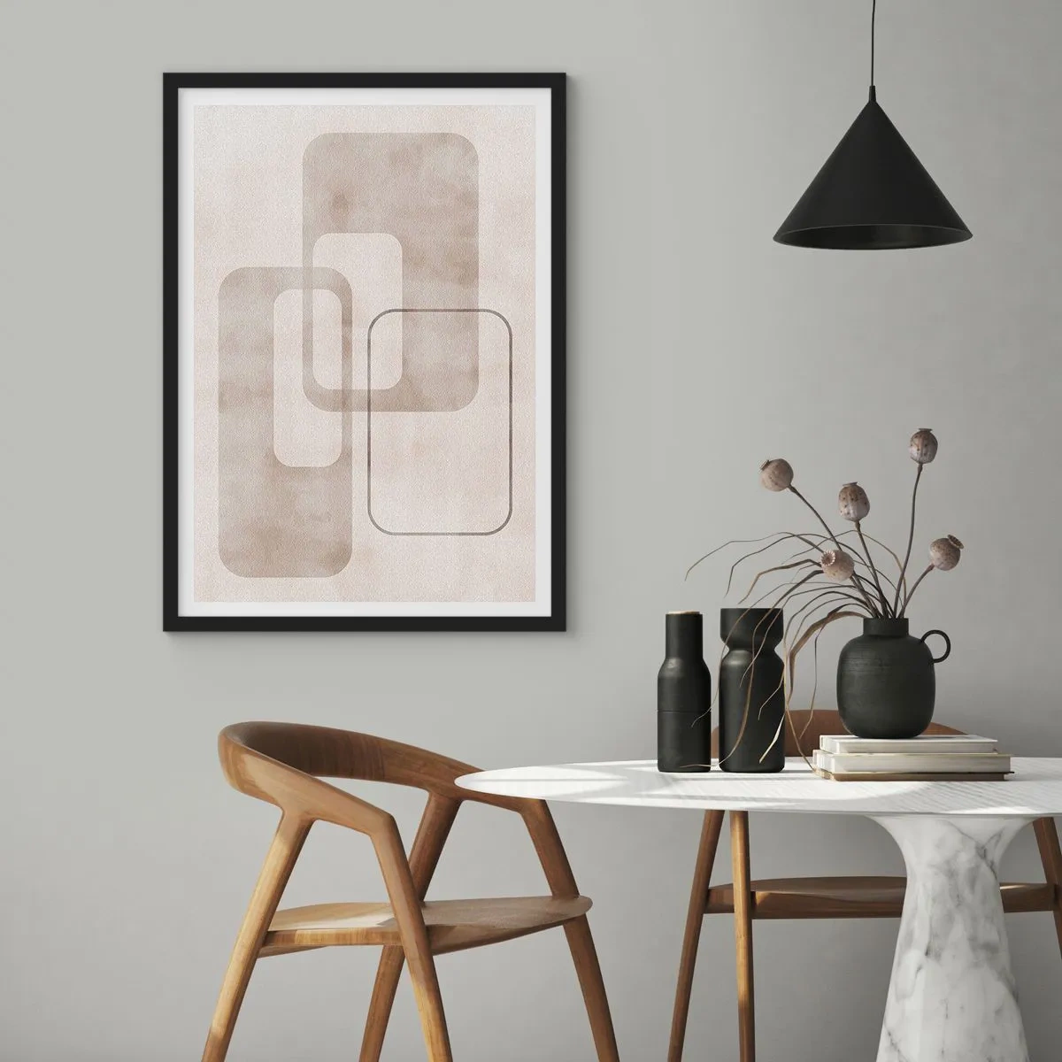 Plakát v černém rámu - Minimalistické geometrické tvary v odstínech béžové - 50x70cm - Geometrická fuga - Moderní nástěnná dekorace do obývacího pokoje a ložnice ARTTOR