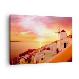Obraz na plátně - Santorini při západu slunce s větrným mlýnem - 70x50cm - Rozplynout se v bílé a zlaté - Moderní nástěnná dekorace do obývacího pokoje a ložnice ARTTOR
