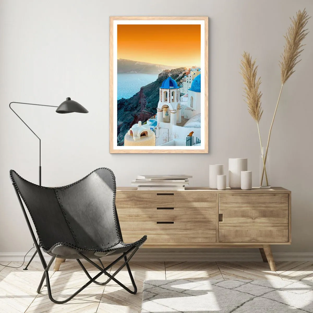 Plakát v rámu světlý dub - Santorini - přitulené ke skalám - 30x40 cm