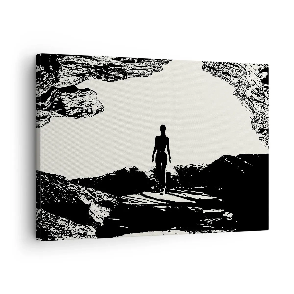 Obraz na plátně - Černá a bílá silueta ženy v jeskyni proti obloze - 70x50cm - Nový pohled - Moderní nástěnná dekorace do obývacího pokoje a ložnice ARTTOR