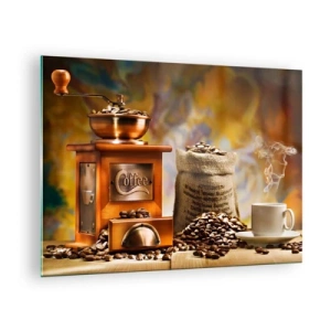 Obraz na skle - Mlýnek na kávu, fazole a šálek na dřevěném stole - 70x50cm - Chrastění zrn, hrčení mlýnku - Moderní nástěnná dekorace do obývacího pokoje a ložnice ARTTOR