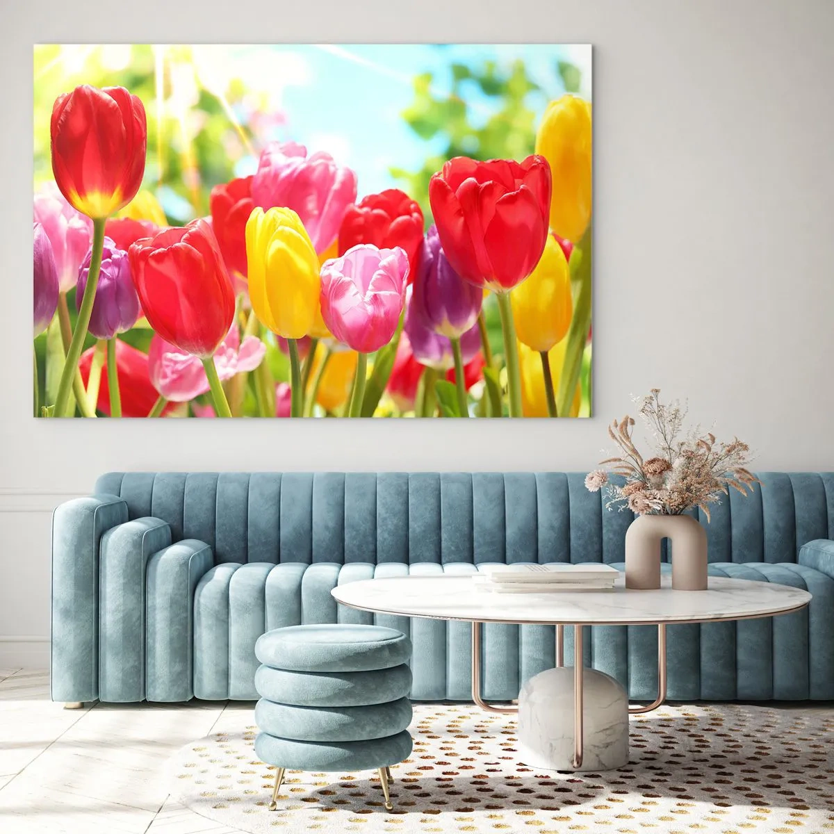 Obraz na skle - Barevné tulipány ve světle jarního slunce - 70x50cm - To jsme my, barvy května! - Moderní nástěnná dekorace do obývacího pokoje a ložnice ARTTOR