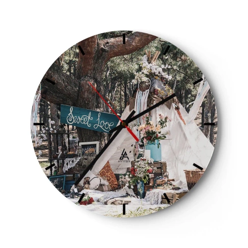Nástěnné hodiny - Romantická svatební výzdoba v lesním prostředí - 30x30cm - Make love… - Moderní nástěnná dekorace do obývacího pokoje, kuchyně a ložnice ARTTOR