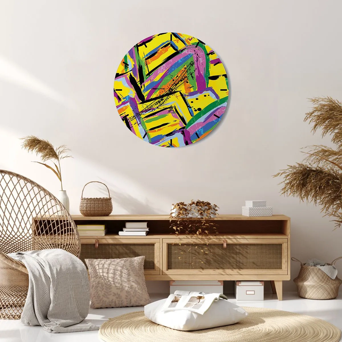 Nástěnné hodiny - Barevný abstraktní vzor s geometrickými liniemi - 30x30cm - Až křičí radostí - Moderní nástěnná dekorace do obývacího pokoje, kuchyně a ložnice ARTTOR