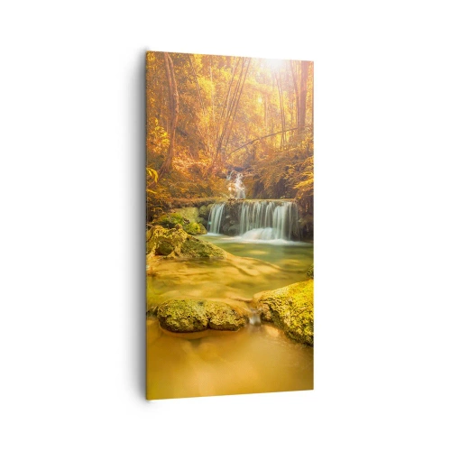 Obraz na plátně - Lesní vodopád ve zlaté - 65x120 cm