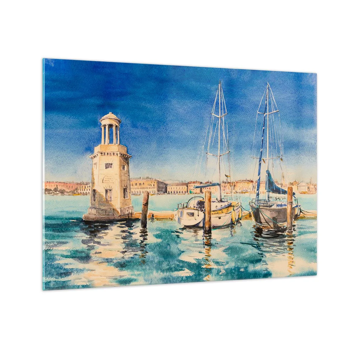 Obraz na skle - Akvarelová marina s majákem a kotvícími jachtami - 70x50cm - Slunečná laguna - Moderní nástěnná dekorace do obývacího pokoje a ložnice ARTTOR