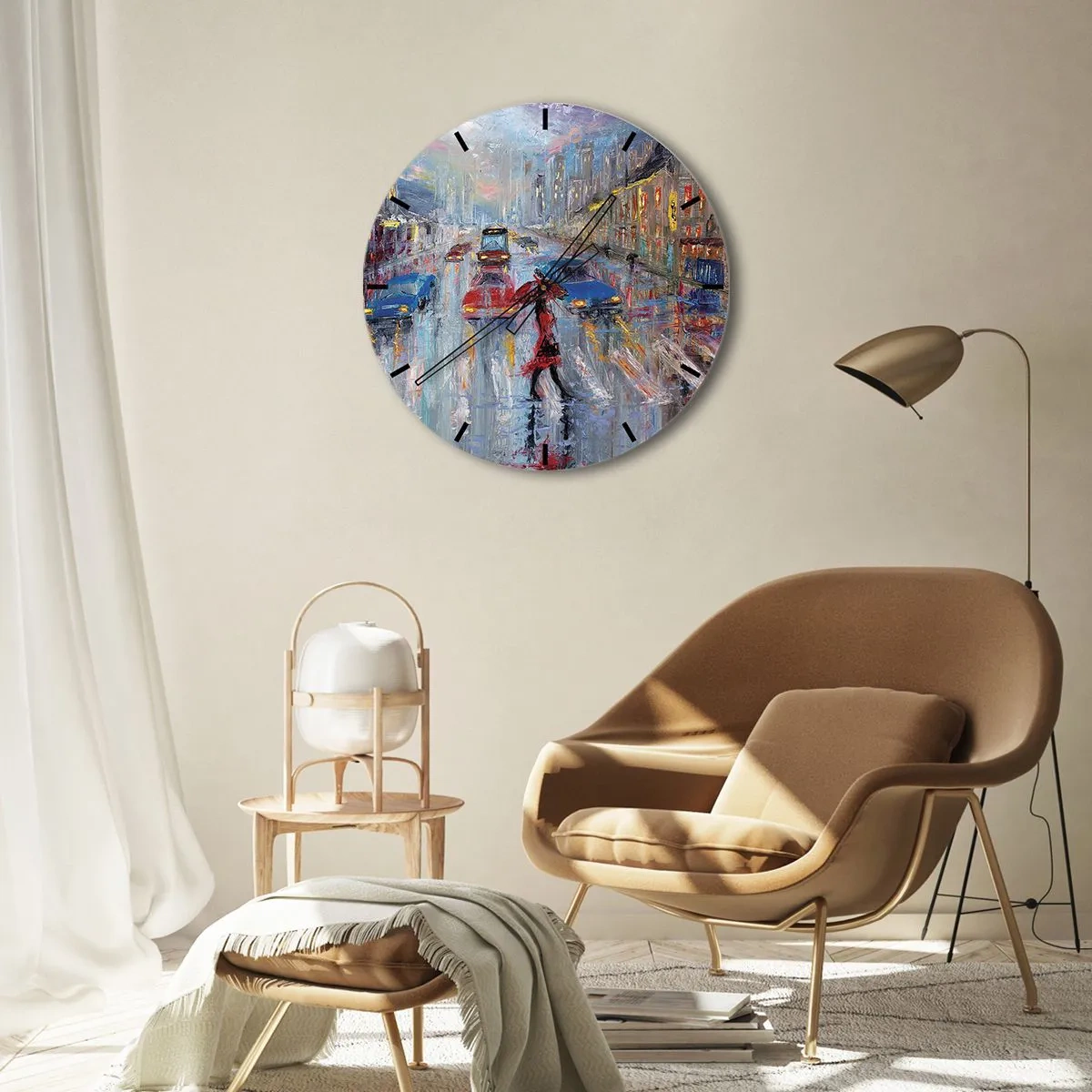 Nástěnné hodiny - Městská ulice v dešti s barevnými světly - 30x30cm - Deštivé odpoledne ve městě - Moderní nástěnná dekorace do obývacího pokoje, kuchyně a ložnice ARTTOR