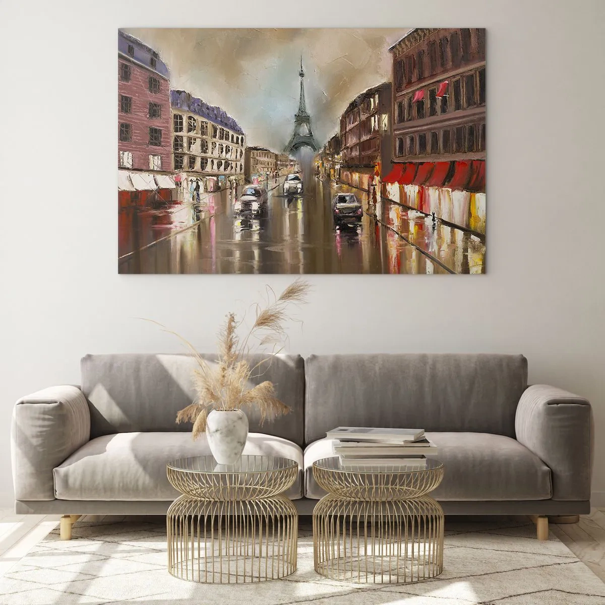 Obraz na skle - Večerní ulice Paříže s výhledem na Eiffelovu věž - 70x50cm - Počítá se pouze ona - Moderní nástěnná dekorace do obývacího pokoje a ložnice ARTTOR
