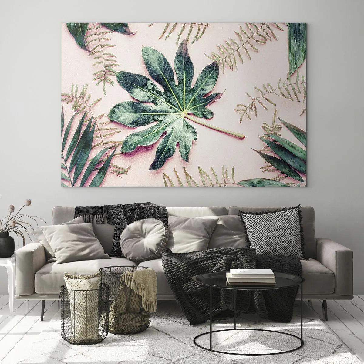 Obraz na skle - Studie zelené na růžovém pozadí - 100x70 cm