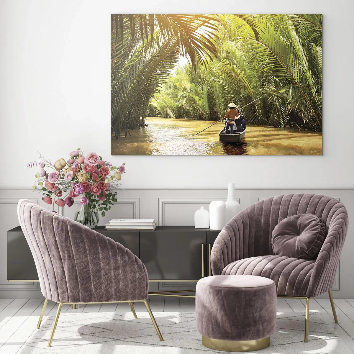 Obraz na skle - Loď s mužem veslujícím pluje roklí lemovanou palmami - 70x50cm - Palmovou souteškou - Moderní nástěnná dekorace do obývacího pokoje a ložnice ARTTOR