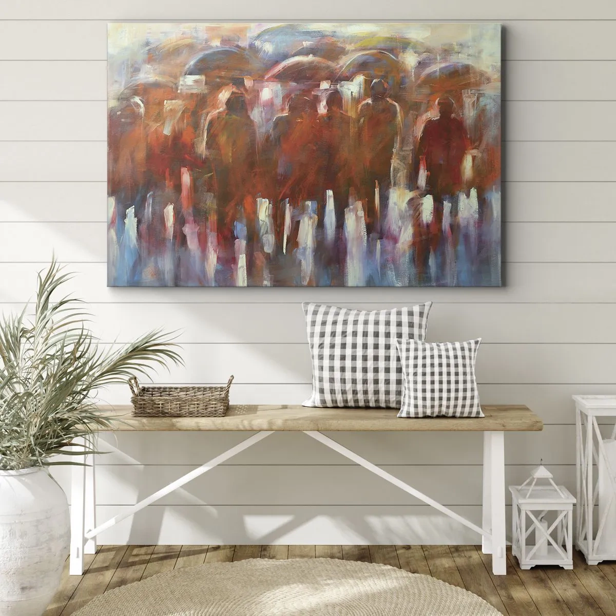 Obraz na plátně - Dav lidí s deštníky v deštivém, uměleckém prostředí - 70x50cm - Rovnocenní v dešti a mlze - Moderní nástěnná dekorace do obývacího pokoje a ložnice ARTTOR