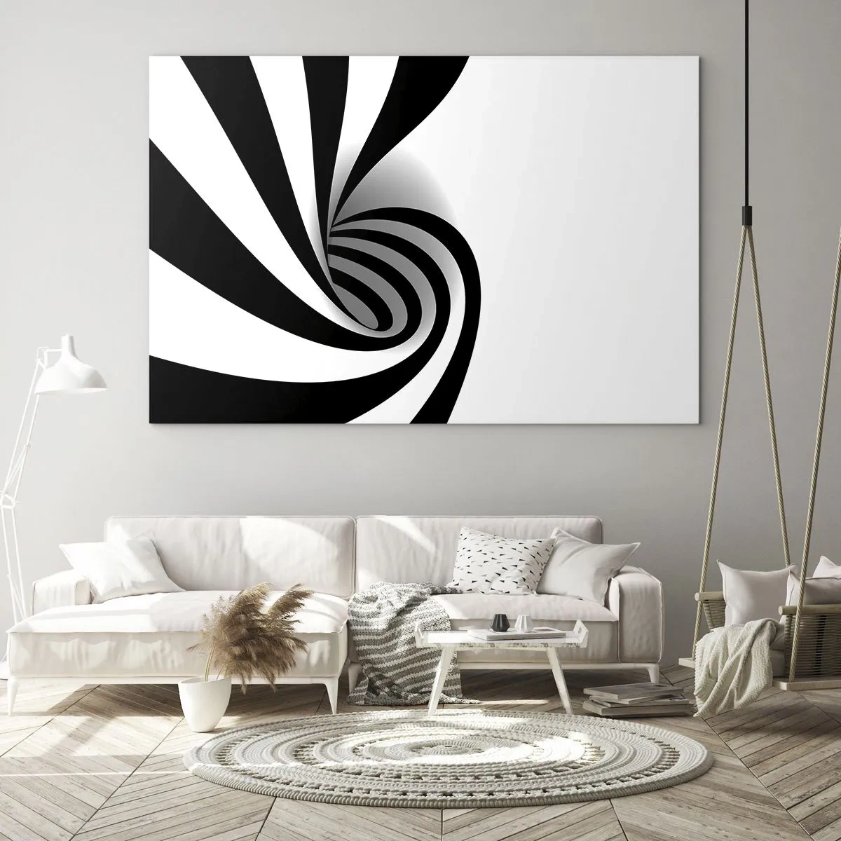 Obraz na skle - Abstraktní spirála v černé a bílé s dynamickým tvarem - 70x50cm - A přece se točí - Moderní nástěnná dekorace do obývacího pokoje a ložnice ARTTOR
