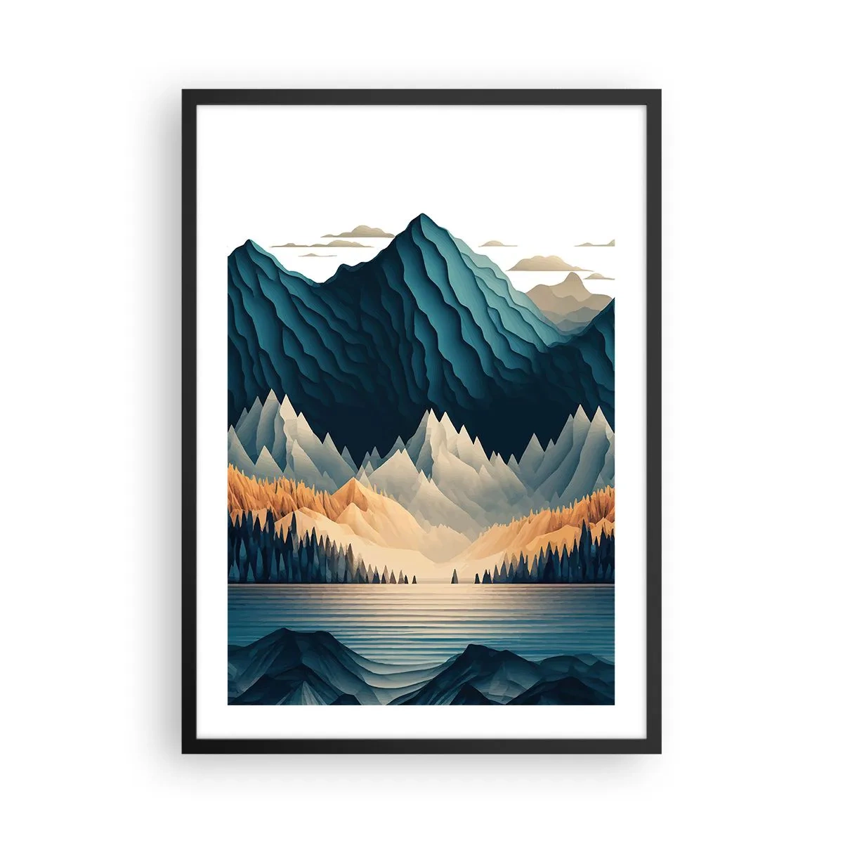 Plakát v černém rámu - Stylizovaná horská krajina s jezerem v odstínech modré - 50x70cm - Dokonalá horská krajina - Moderní nástěnná dekorace do obývacího pokoje a ložnice ARTTOR