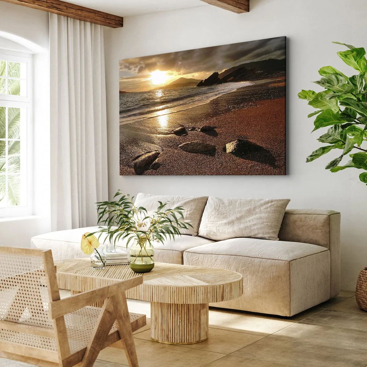 Obraz na plátně - Pláž při západu slunce s kameny na břehu - 70x50cm - Jdi za sluncem k výšinám - Moderní nástěnná dekorace do obývacího pokoje a ložnice ARTTOR