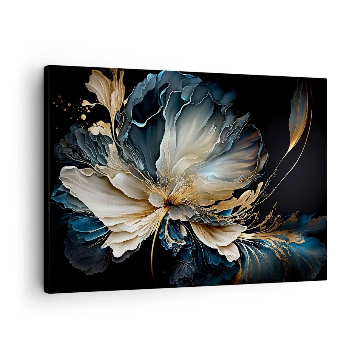 Obraz na plátně - Květina v odstínech zlaté a tmavě modré na černém pozadí - 70x50cm - Pohádkový květ kapradí - Moderní nástěnná dekorace do obývacího pokoje a ložnice ARTTOR