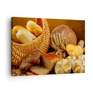Obraz na plátně - Různé druhy chleba v proutěném košíku na zlatém pozadí - 70x50cm - Znovu jsme měli štěstí - Moderní nástěnná dekorace do obývacího pokoje a ložnice ARTTOR