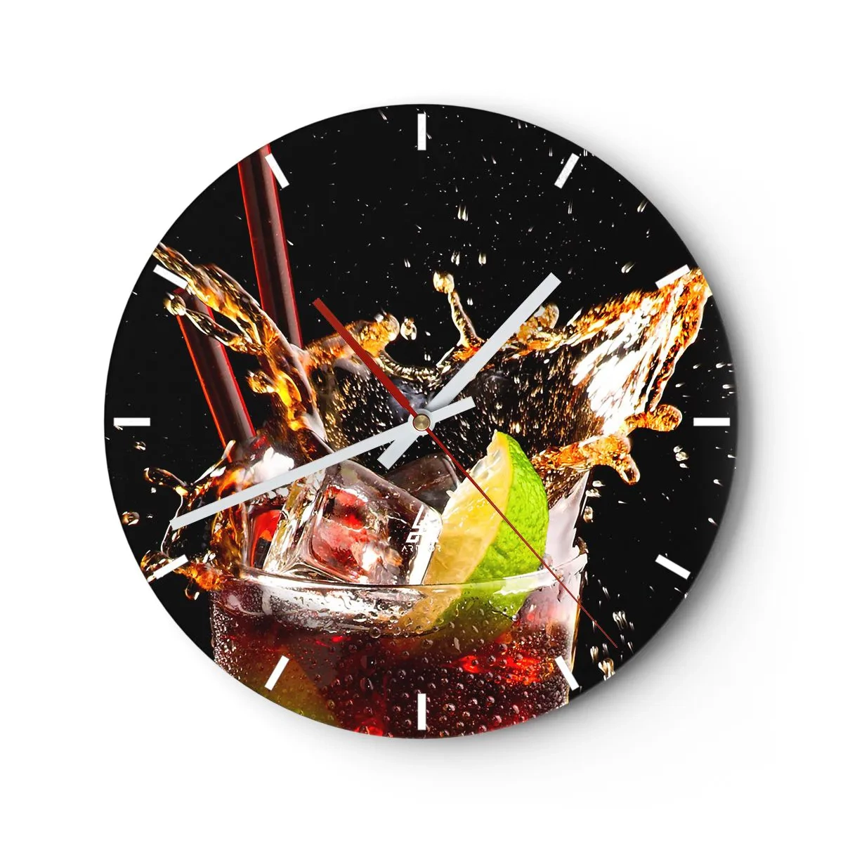 Nástěnné hodiny - Sklenice nápoje s ledem a limetkou ve spreji - 30x30cm - Radost a energie barev - Moderní nástěnná dekorace do obývacího pokoje, kuchyně a ložnice ARTTOR