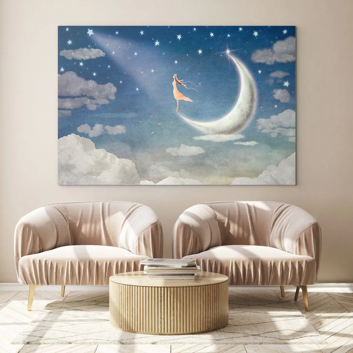Obraz na skle - Žena v splývavých šatech stojící na měsíci na hvězdné obloze. - 70x50cm - Modrá koketa - Moderní nástěnná dekorace do obývacího pokoje a ložnice ARTTOR