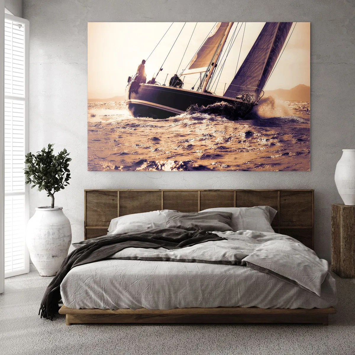 Obraz na skle - Plachetnice na rozbouřeném moři v teplých odstínech - 70x50cm - Pluj námořníku - Moderní nástěnná dekorace do obývacího pokoje a ložnice ARTTOR