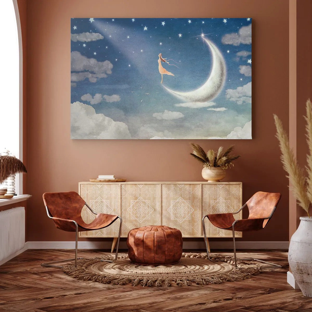 Obraz na plátně - Žena na měsíci obklopená hvězdami a mraky - 70x50cm - Modrá koketa - Moderní nástěnná dekorace do obývacího pokoje a ložnice ARTTOR