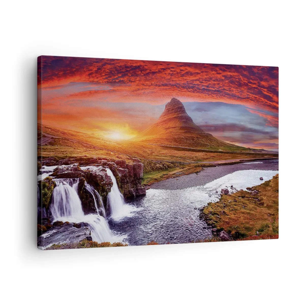 Obraz na plátně - Horská scenérie s vodopádem při západu slunce - 70x50cm - Pohled na Středozem - Moderní nástěnná dekorace do obývacího pokoje a ložnice ARTTOR