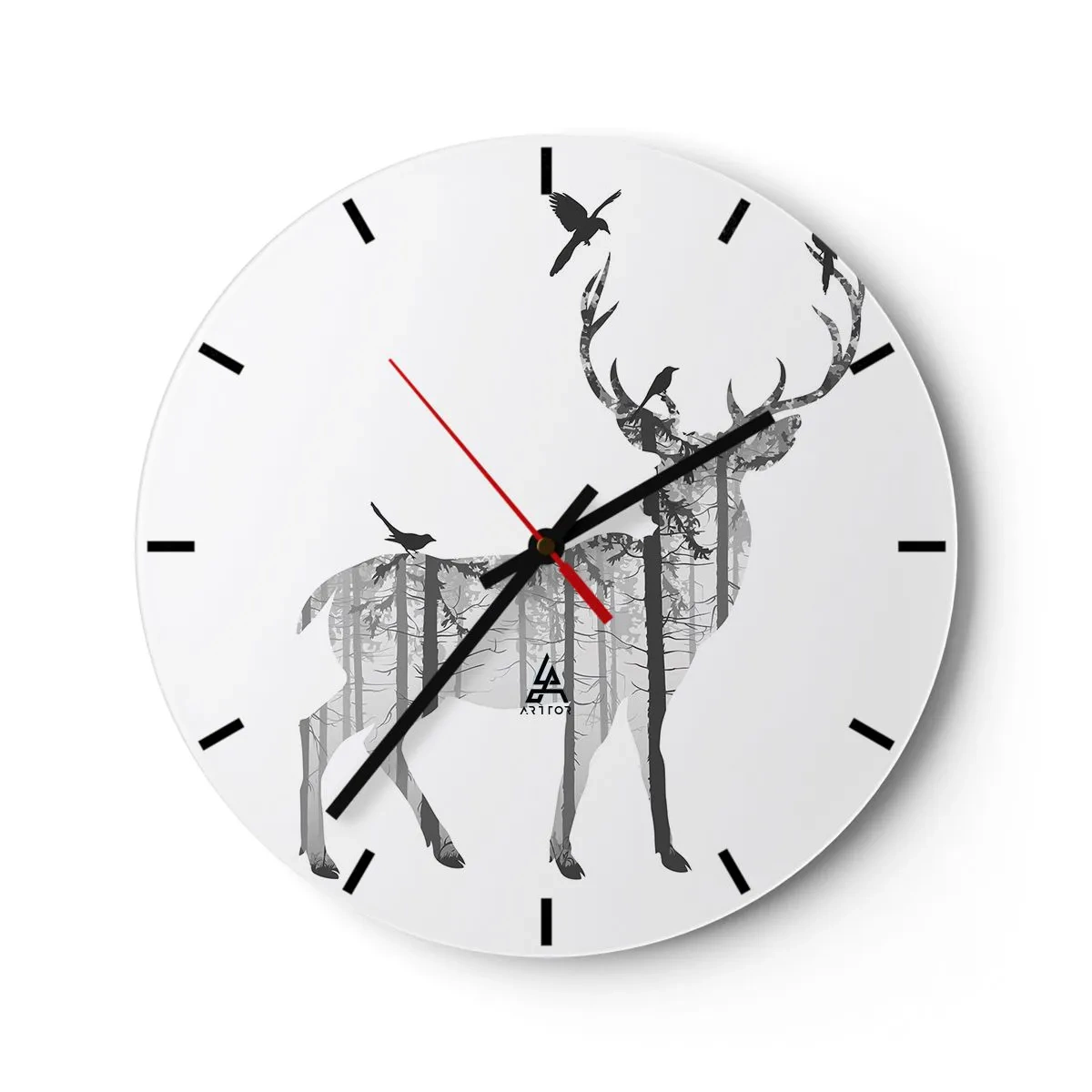 Nástěnné hodiny - Silueta jelena s motivem lesa a ptáků - 30x30cm - Dobrý duch lesa - Moderní nástěnná dekorace do obývacího pokoje, kuchyně a ložnice ARTTOR