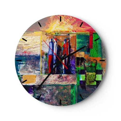 Nástěnné hodiny - Abstraktní obraz s postavami v intenzivních barvách. - 30x30cm - Vztahy a emoce - Moderní nástěnná dekorace do obývacího pokoje, kuchyně a ložnice ARTTOR