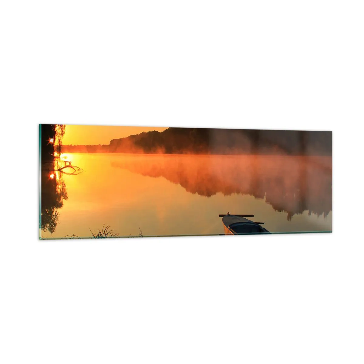 Obraz na skle - Východ slunce u vody jako povrch zrcadla - 90x30 cm