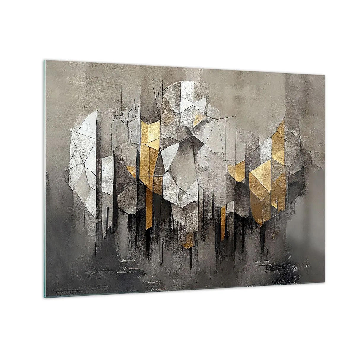 Obraz na skle - Abstraktní tvary v odstínech šedé, bílé a zlaté - 70x50cm - Kompozice z ledu a světla - Moderní nástěnná dekorace do obývacího pokoje a ložnice ARTTOR